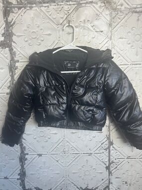 all in motion Shiny Black Cropped Puffer Jacket with Hood